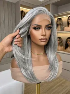 Topshe Handmade Lace Synthetic Wig, 20 Inch Silver Color Fashion Design, Medium Length Straight Hair, Perfect for Parties and All Seasons