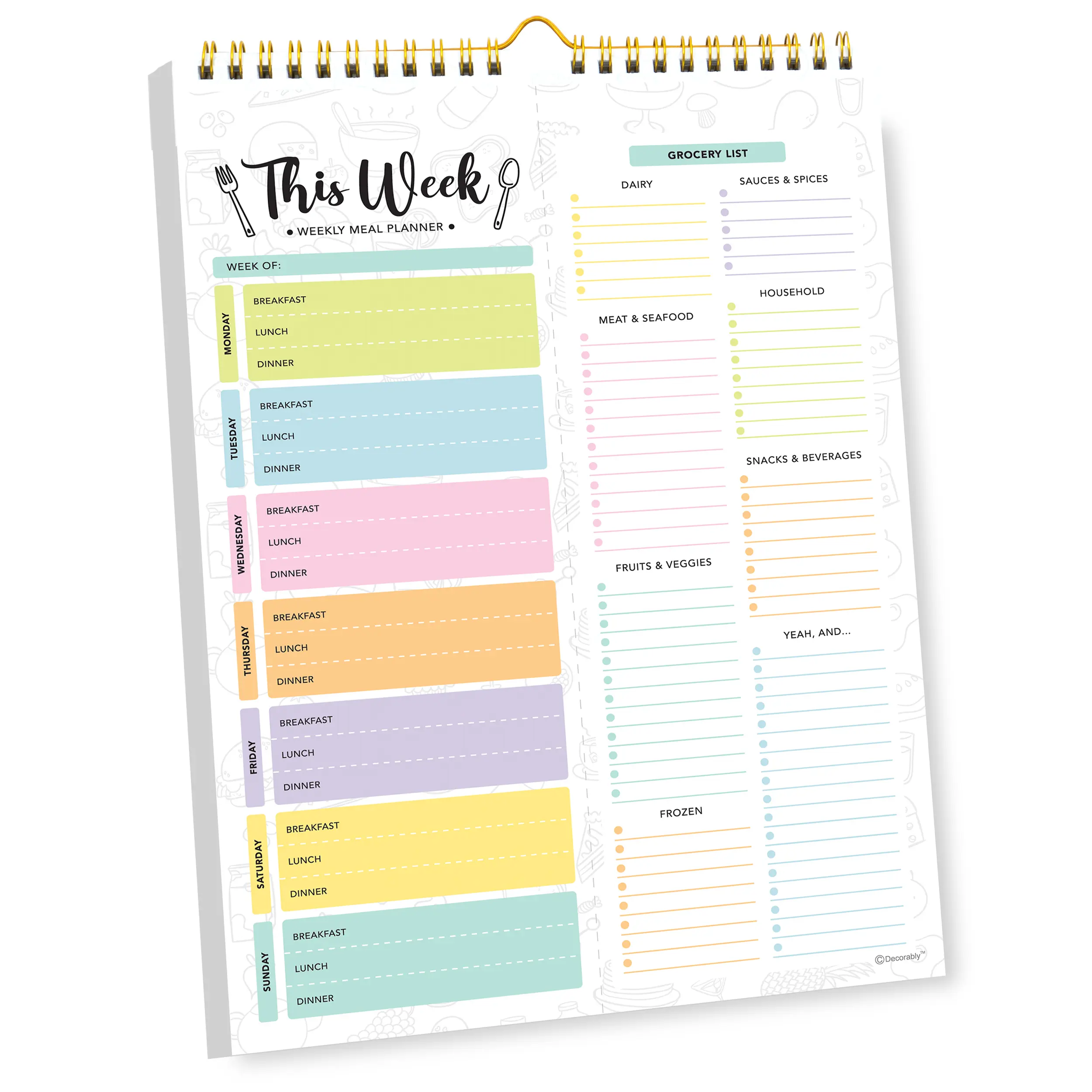 Decorably 52 Sheets Pastel Undated Magnetic Weekly Meal Planner and Grocery List Notepad with 4 Strong Magnets - 8.5x11in Spring-Bound, Refrigerator Mountable, Easy Tear-Off Design