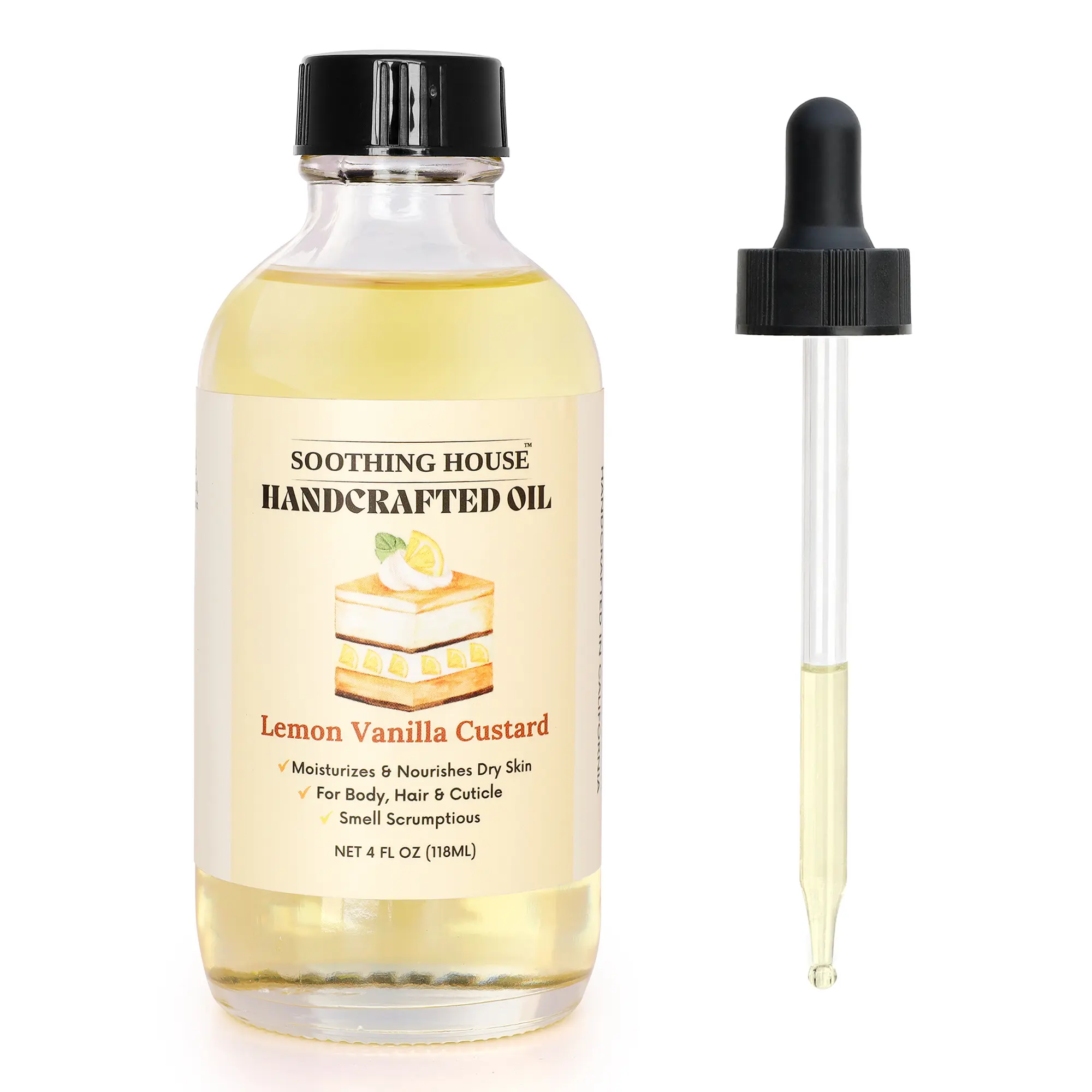 Handcrafted Luxury Natural Lemon Vanilla Custard Body Oil - Cosmetic, Cruelty-Free, Jojoba & Almond Nourish, Essential Fatty Acids, Soothing, Moisturizing, Hydrating, Silky Lightweight, Gentle for Sensitive Skin Daily Body Care for Soft Skin