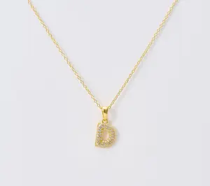 Diamonique Puffed Pave Bale Initial Necklace w/ Box, 14k Plated