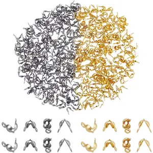 NBEADS 400 PCS 304 Stainless Steel Bead Tips, Open Clamshell Fold-Over Bead Tips Knot Covers End Caps Knots Crimp Findings for Jewelry Making Bracelets Necklaces - Golden & Stainless Steel Color
