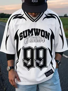 Men’s Oversized White #99 Mesh Football Jersey – SUMWON Studios Tribal Print, Y2K 90s Hip Hop Streetwear, Casual Date Night Outfit