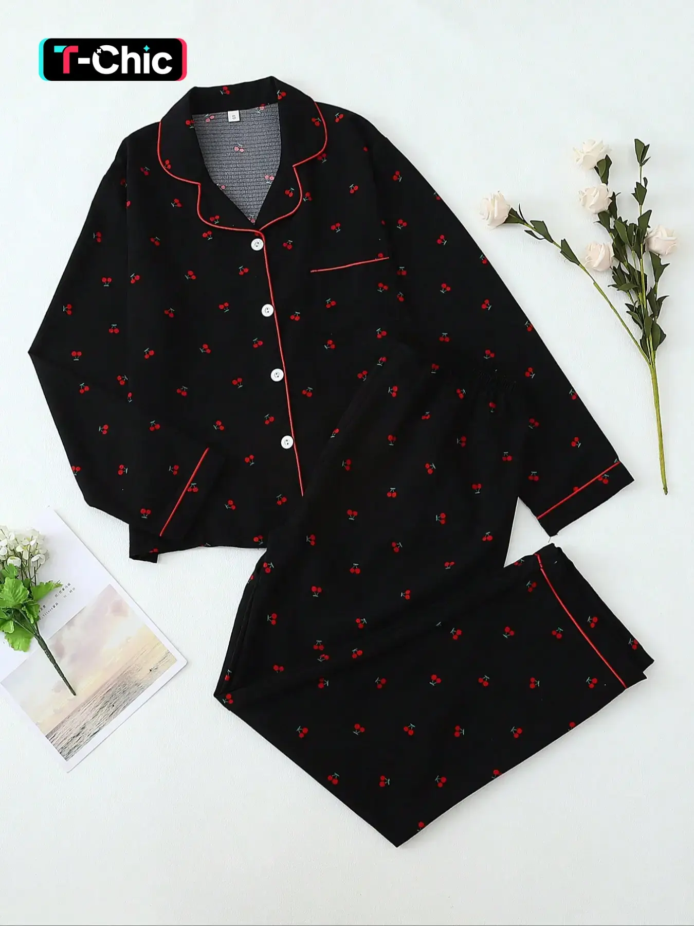 Women's Chic Sweet Cherry Print Woven Pajama Set, Long Sleeve Button Front Top & Pants, Casual Home Wear, Spring & Fall Sleepwear, Loungewear, Fitted Sleepwear