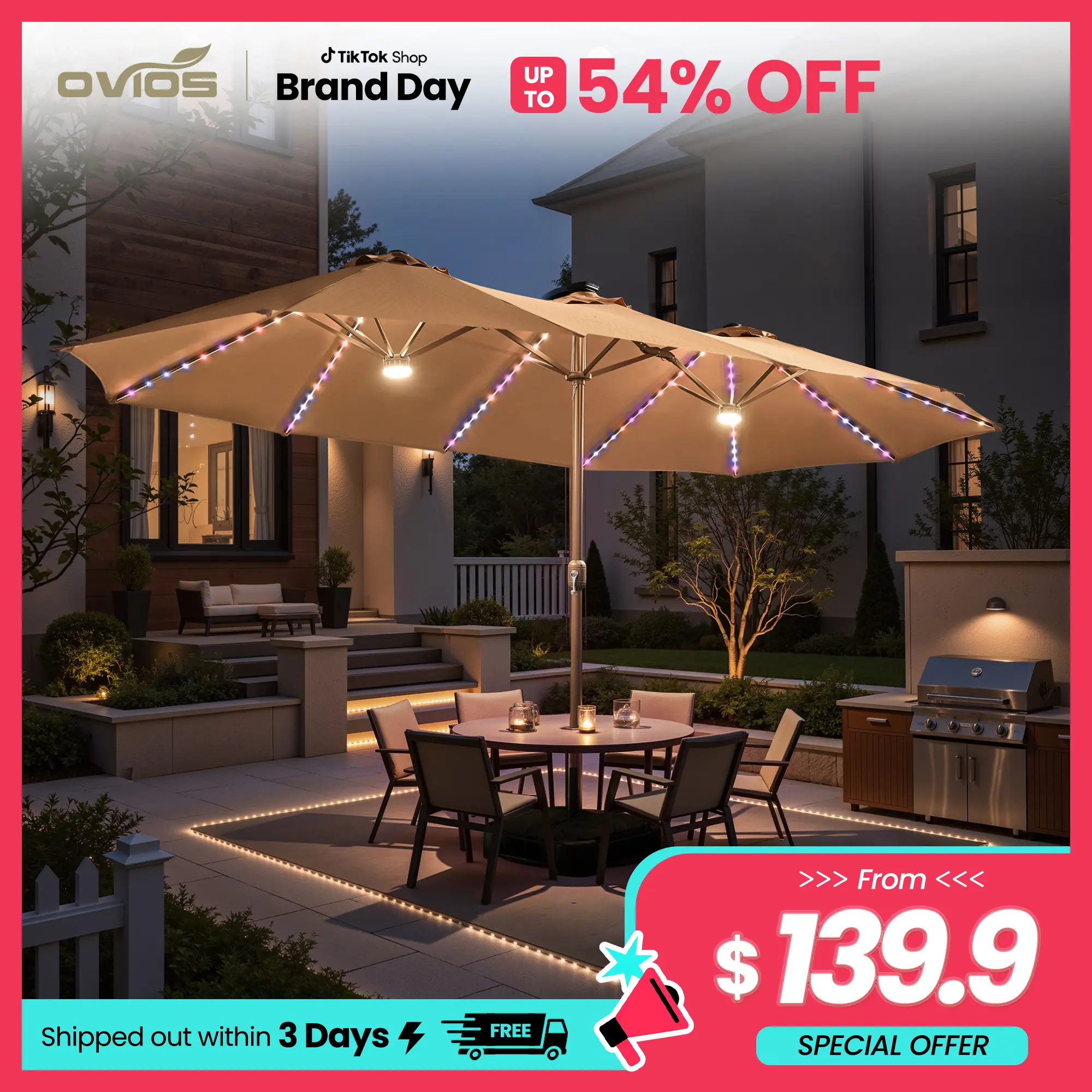 【Summerfinds】OVIOS 15FT Double-Sided Patio Umbrella with RGB Solar Lights & 36 LEDs, Large Rectangular Outdoor Market Umbrella with Crank Handle & Base Included for Patio, Deck, Pool & Backyard