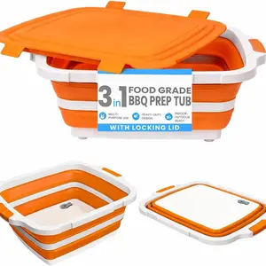 BBQ Prep Tub, 8L Collapsible BBQ Tub with Locking Lid, 3-IN-1 Large Cutting Board, Portable Food Prep Station for Kitchen and Camping, Perfect for Grilling, Smoking & Outdoor Cooking