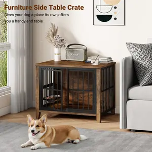 【FallDealsForYou】AOWOS Dog Crate with 2 Adjustable Dog Bowls, Dog Cage Furniture, Dog Kennel Indoor with Lockable Door for Medium to Large, Pet Carrier House, Brown, Gray