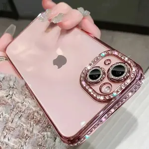 Electroplated Edge Diamond Phone Case with Glitter Lens Film, Transparent Camera Protection Cover for iPhone 17/16 Pro Max/15/14 Series