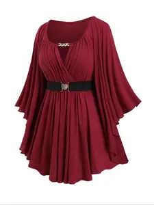 【Plus Size】 Solid Color Cut Out Belted Wrap Tee, Casual Flounce Sleeve Pleated Hem T-shirt for Fall & Winter, Women's Clothes for Daily Wear