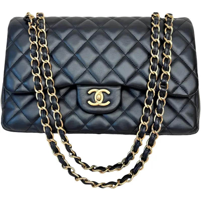 ‮ LENAHC  ‬ Classic Flap Bag Medium Black Lambskin/Caviar Gold Hardware Shoulder Bag