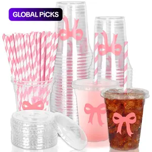 20 Pcs Pink Bow Disposable Plastic Pop Cups with Lids & Straws (12 oz) - Cute Bowknot Party Drinkware for Bridal Shower, Baby Shower, Birthday & Girl Themed Celebrations #GLOBAL PICKS