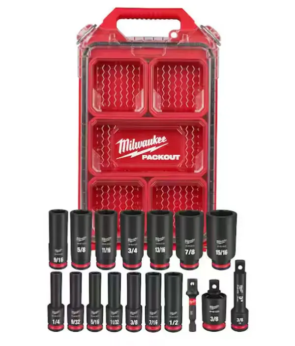 17-Piece 49-66-6800 SHOCKWAVE Impact-Duty 3/8 in. Drive SAE Deep Well Impact PACKOUT Socket Set, MSRP $124, 17 Pieces