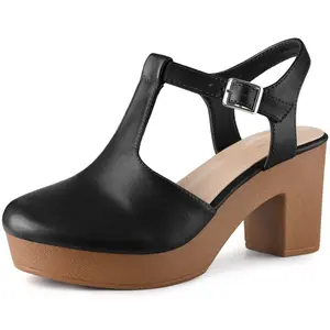BLISSFUL STEP Platform T-Strap Shoes Chunky Heels Sandals