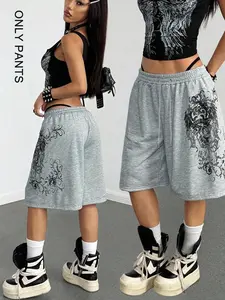 Women's Loose Gothic Print Sport Shorts, Street Style Design with Elastic Waist and Drawstring, Perfect for Daily and Urban Fashion