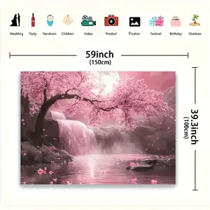 Cherry Blossom Backdrop with Pink Sakura Tree & Waterfall Scene - Vibrant Polyester Fabric Wall Art for Living Room, Outdoor Porch, or Home Decor, Outdoor Porch Decoration |   Natureinspired Design |   Scenic Tapestry