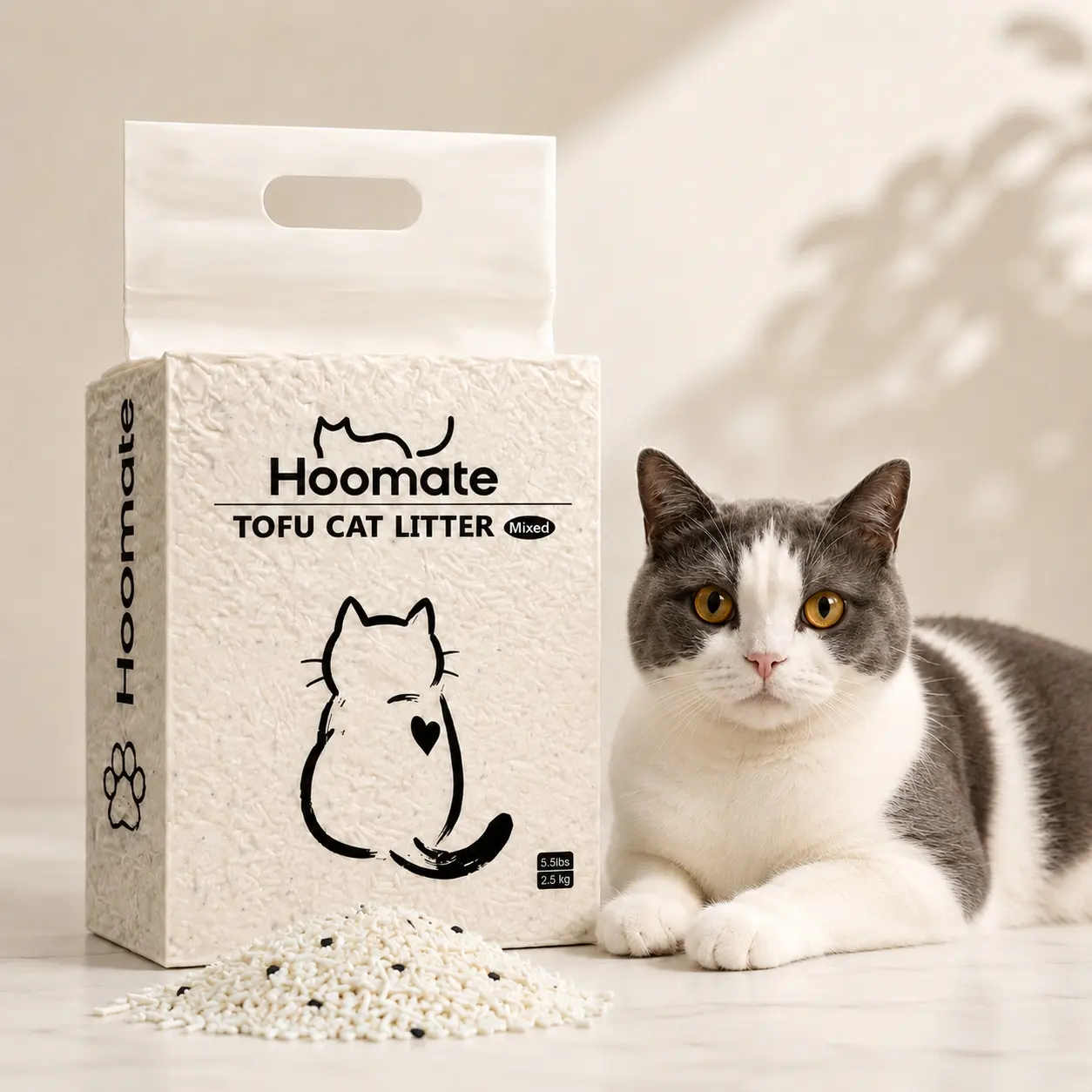 Hoomate Tofu Cassava Plant-Derived Cat Litter - Odor-Free Guaranteed, 30s Rock-Hard Clumping, Fast Absorbing, Easy Scoop, Flushable, Universal, Deodorization Litter