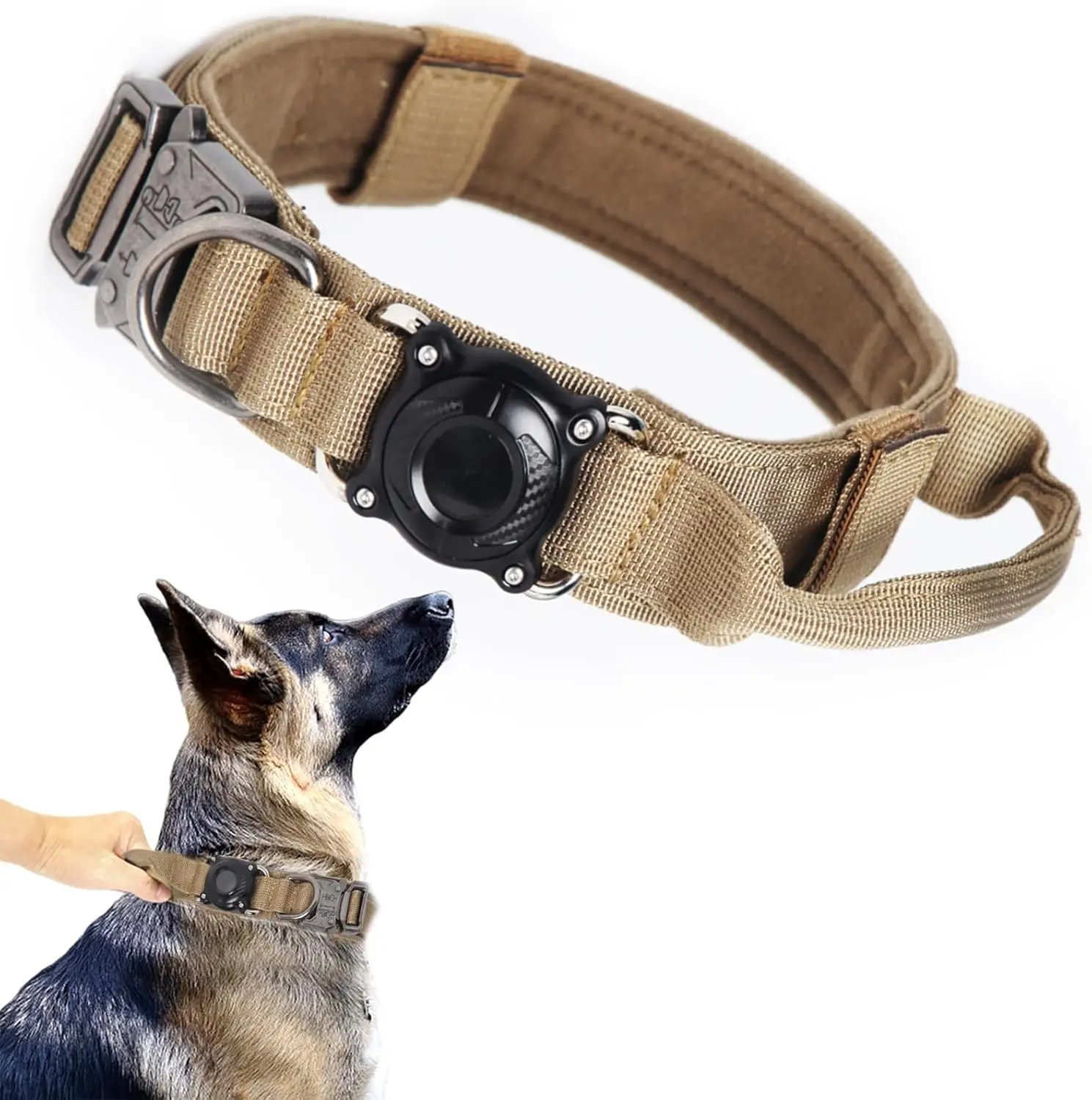 Upgraded  Dog Collar,Waterproof Tactical Dog Collar with AirTag Holder, Control Handle and Metal Buckle,Heavy Duty Dog Collars for Large Dogs(Brown,L