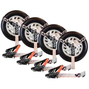 VULCAN Car Tie Down with Flat Hooks - Lasso Style - 2 Inch x 96 Inch - 4 Pack - Silver Series - 3,300 Pound Safe Working Load Adjustable Ropes Hardware Tire Strap Webbing Dolly