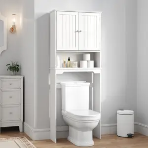 Over the Toilet Storage Cabinet, Bathroom Storage Cabinet Over Toilet with Double Doors and Adjustable Shelf, Freestanding Toilet Rack for Bathroom, Black