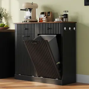 Double Tilt Out Trash Can Cabinet, 20 Gallon Fluted Laundry Hamper Cabinet with 2 Drawers, Wooden Hidden Garbage Can Cabinets for Kitchen, Living Room, Without Trash Bin or Laundry Hamper,Black