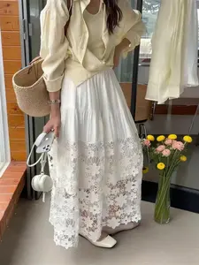 Women's Lace Floral Patchwork High Waist Skirt, Multi-Layer Cake Skirt, Drape Long Dress, Spring Summer Casual Style, Feminine Bottoms, Womenswear
