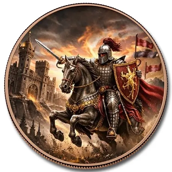 The obverse depicts a dramatic medieval battle scene centered around a mounted knight charging forward. Clad in full armor, the warrior raises a sword while gripping a shield emblazoned with a golden lion—an enduring heraldic symbol representing courage,