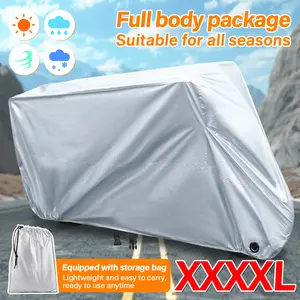 XXXXL 190T Coated with Silver Cloth Motorcycle Cover Waterproof Dustproof UV Protection 295x110x140cm Black Silver Drawstring Lock Buckle Fixation for Motorcycles