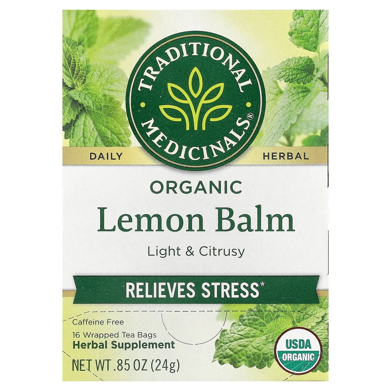 Traditional Medicinals Organic Lemon Balm, Caffeine Free, 16 Wrapped Tea Bags, 0.85 oz (24 g)