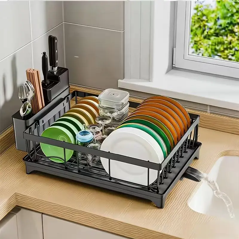 Space-Saving Stainless Single-Layer Draining Rack - Convertible Wall-Mount/Countertop Dish Drying Rack with Utensil Holder & Leak-Proof Sink Extension, Heavy-Duty & Corrosion-Resistant for Small