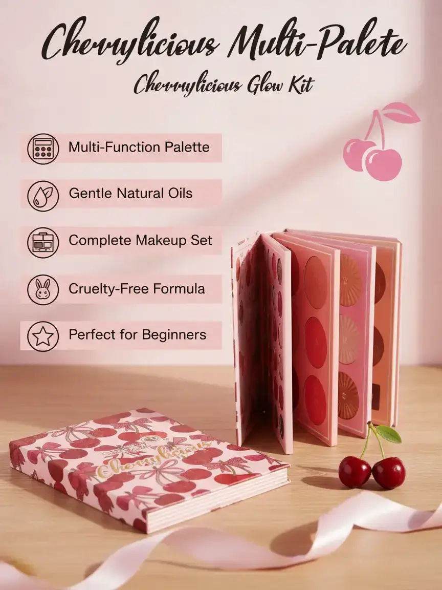 Simply Bella Cosmetics Cherrylicious Cherry Book Youth Multi-Palette - Compact Face Makeup Set with Gentle Natural Oils, Blush, Brow, Contour, and Highlight, Cruelty Free, Long-Lasting, Mineral Oil, All Skins, Face Make-Up, Powder, 3 Color Brow, 4 Color B