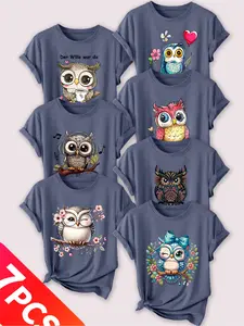 Women's 7-Pack Casual Short Sleeve Crew Neck T-Shirt, Cute Owl Print Set, Multiple Colors, Machine Washable, Spring & Summer Top, Soft Skin-Friendly Fabric, Daily Wear, Fashion Design, Lady