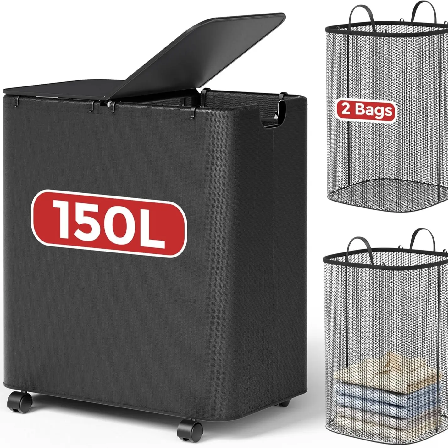 Black 150L Double-Lid Dirty Laundry Basket Two Inn
