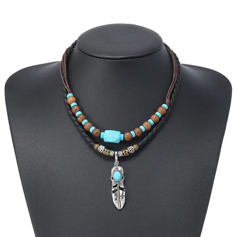 Men's Vintage Western Style Tribal Gemstone Necklace - Turquoise Bead, Feather Pendant Design, Metal Coated, Leaf-Inspired Native American Jewelry, Black Cord, Daily Casual Formal Accessory