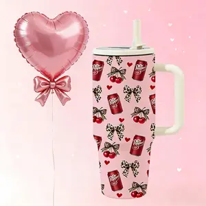 1pc 40oz Valentine’s Travel Tumbler with Handle, Double Layer Insulated, Pink Cherry Cola & Leopard Bow Cup, Cute Y2K Trend, Comes with Lid and Straw, Romantic Gift for Girlfriend, TikTok Viral Cup, 12H Hot/24H Cold