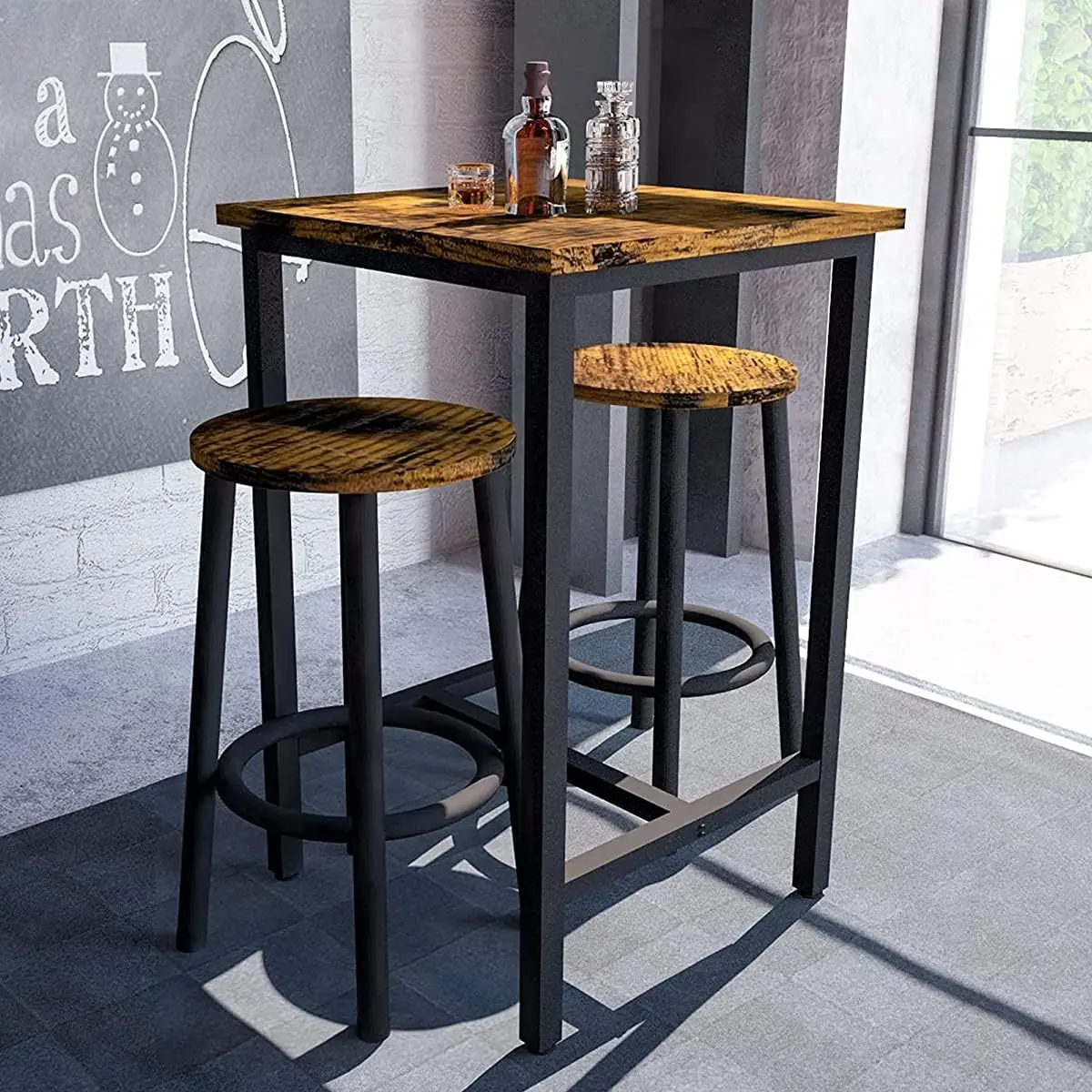 Recaceik 3-Piece Pub Table Chairs Set, Wood Top Modern Bar Table & Swivel Stools for 2, Rustic Brown Kitchen Counter Height Furniture for Breakfast Nook, Easy Assemble, Swivel Chair