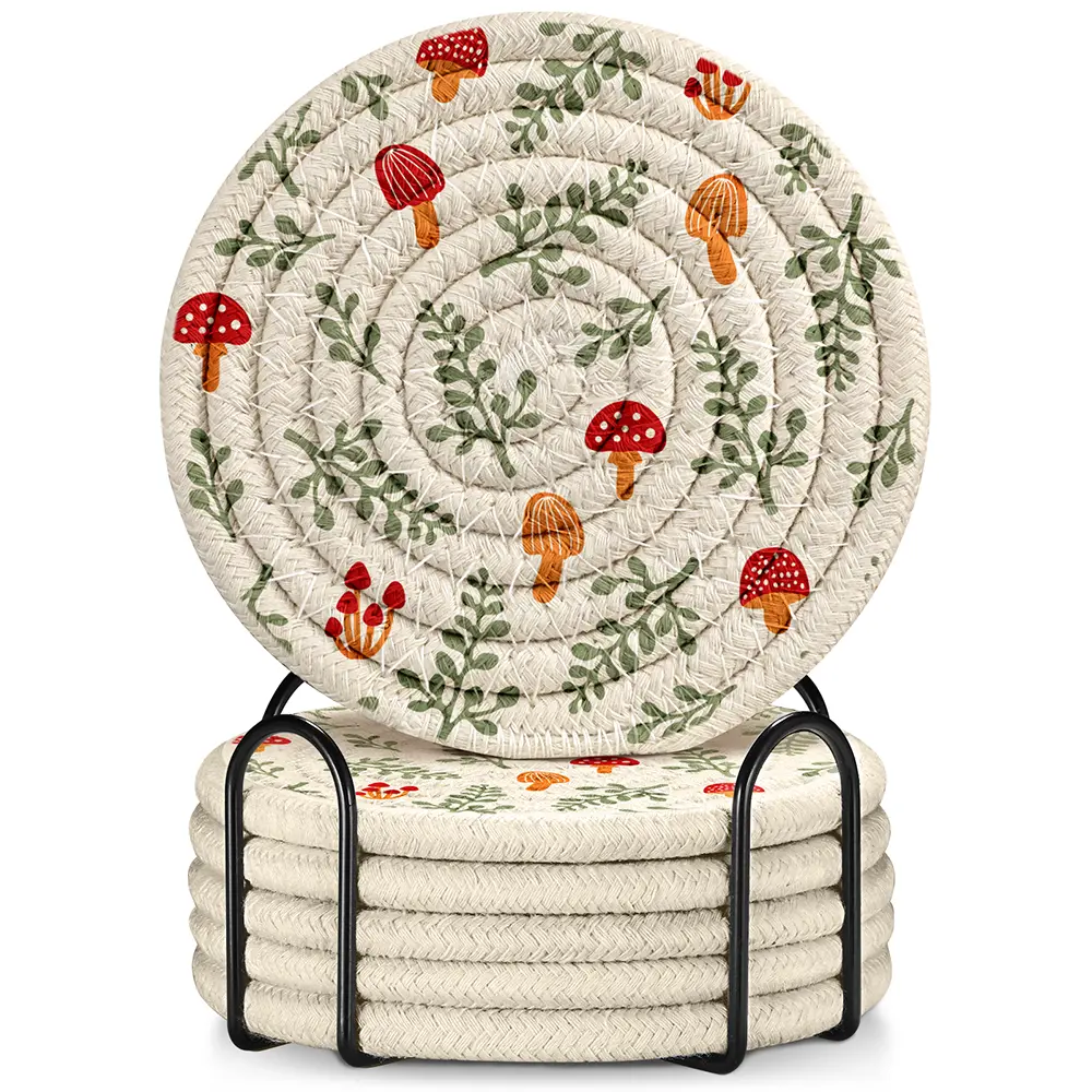 Absorbent Fabric Cup Coasters Set of 6 with Holder - Kawaii Mushroom Woven Braided Soft Cloth Tableware for Wooden Coffee Table, Rustic Farmhouse Desk - Fabric Placemats & Coasters for Women, Kids