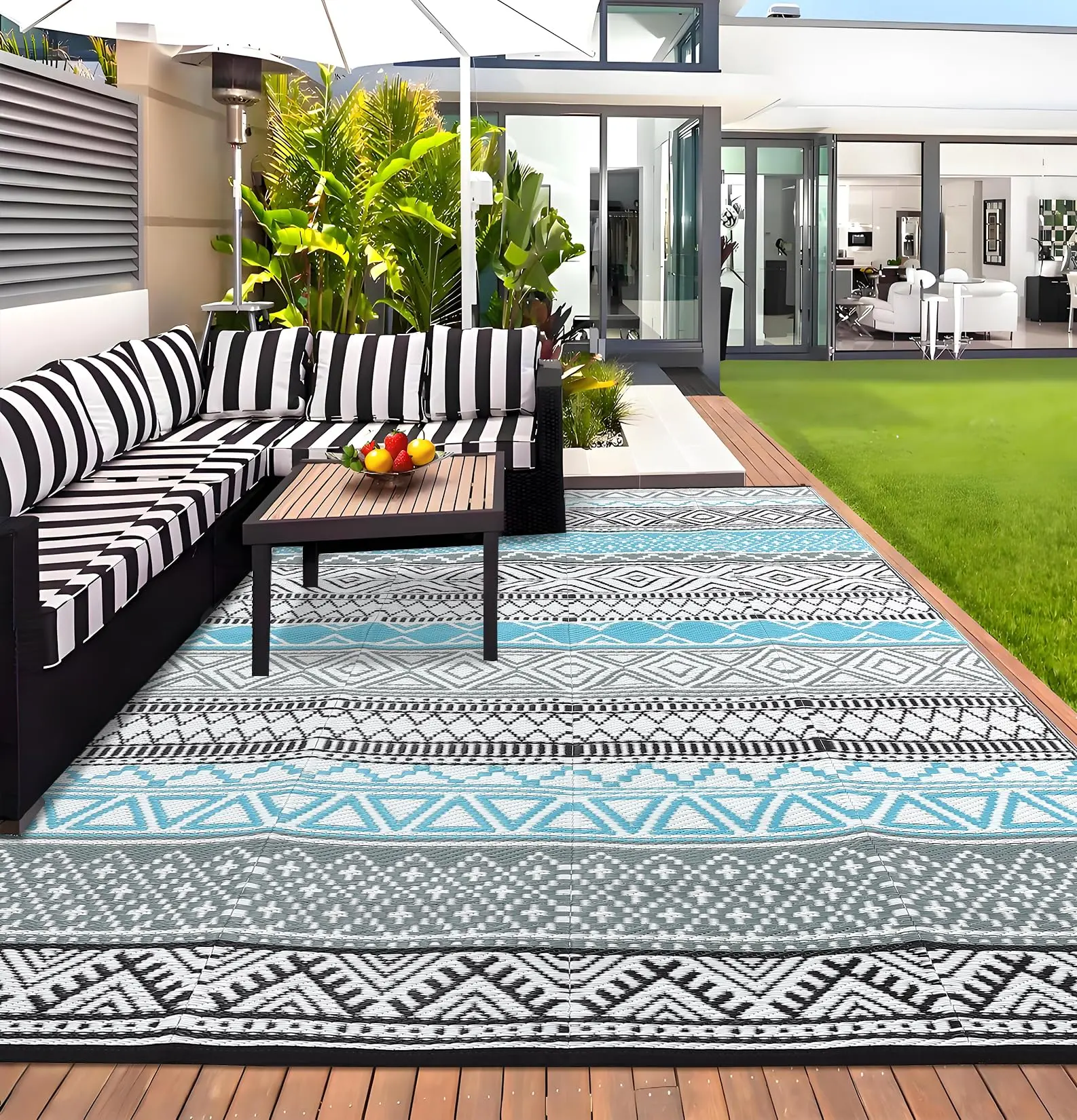 GARVEE Outdoor Rug 10' x 20' Waterproof for Patios Clearance, Reversible Outdoor Plastic Straw Camping Rug Carpet, Large Area Rugs Mats for RV, Camper, Deck, Balcony, Porch, Beach, Picnic,Blue & Gray