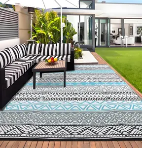 GARVEE Outdoor Rug 10' x 20' Waterproof for Patios Clearance, Reversible Outdoor Plastic Straw Camping Rug Carpet, Large Area Rugs Mats for RV, Camper, Deck, Balcony, Porch, Beach, Picnic,Blue & Gray