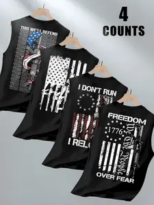 4-Piece Summer Casual Stylish Tee Fashion Streetwear Men's Set, American Independent Spirit Flag Sleeveless Fitted T-Shirts, Stretch Breathable Fabric, Ideal for Outdoor, Daily Wear