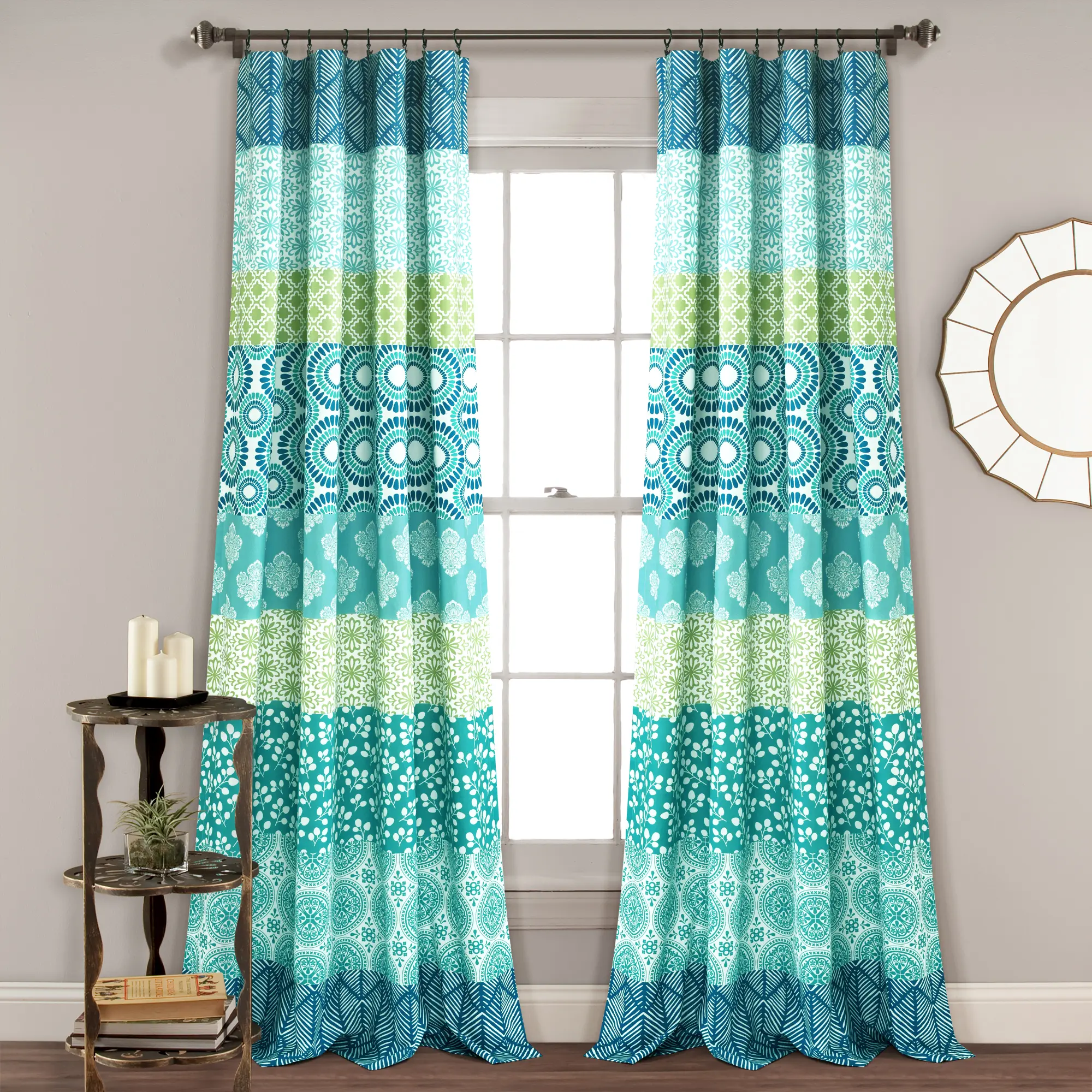 Lush Decor Bohemian Floral Stripe Finished Ready Made Window Curtain Panel Set, 52"W x 63"-108"L Drapes, Household Textile Home Interior Decor Accessory, Finished Curtain, Ready Made Curtains