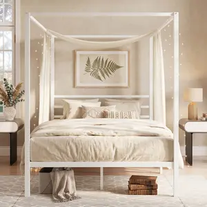 Allewie White Canopy Bed Frame Full/Queen Size, 4 Post Metal Platform Bed Frame with Sturdy Slat Support, No Box Spring Needed, Noise-Free, Easy Assembly, Modern Bedroom Furniture, Mattress Foundation Home Decor