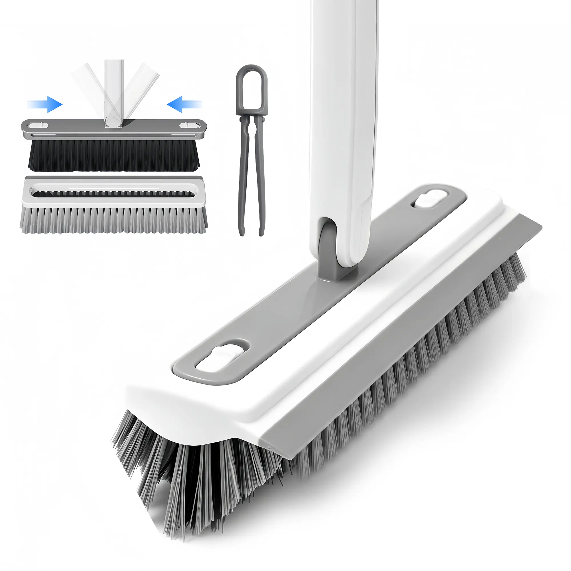 3-in-1 Floor Scrub Brush with Long Handle V-Shaped Crevice Brush Floor Scrubber Mop with Squeegee and Tweezer for Cleaning Gap Tile Bathroom Kitchen Patio Deck Garage