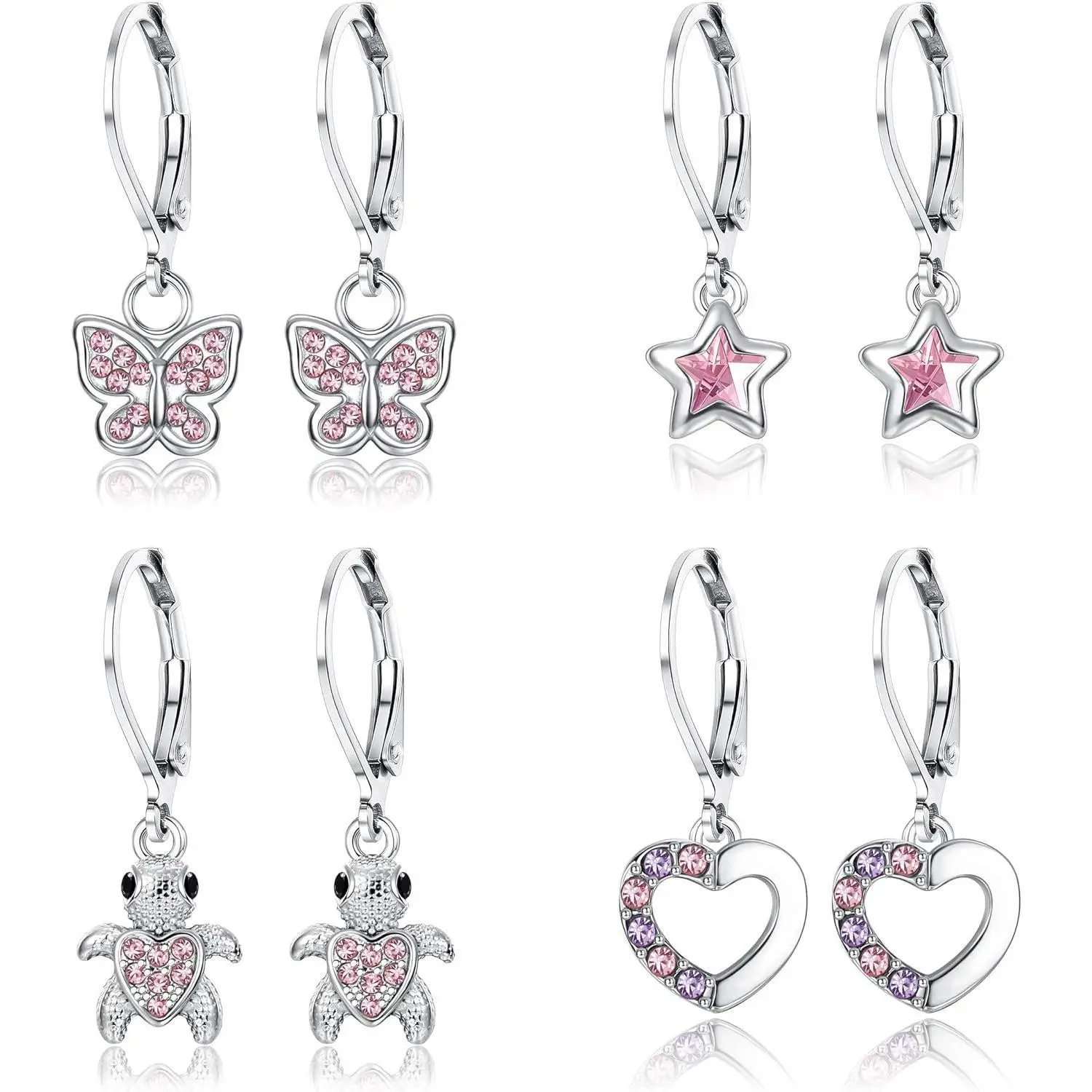 CASSIECA Women's 4-Pair Dangle Hoop Earrings Set - Surgical Steel Hypoallergenic Artificial Zircon Pieces with Heart, Flower, Star, Turtle Designs for Daily Helix, Cartilage Piercings (Dainty Stacking), Artificial Zircon Earrings