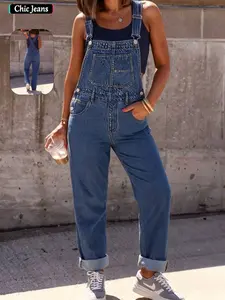 Women's Vintage Style Denim Overall Pants, Womenswear, Loose Straight Fit, Practical Pockets, Perfect for Daily Wear, Commuting, and Leisure