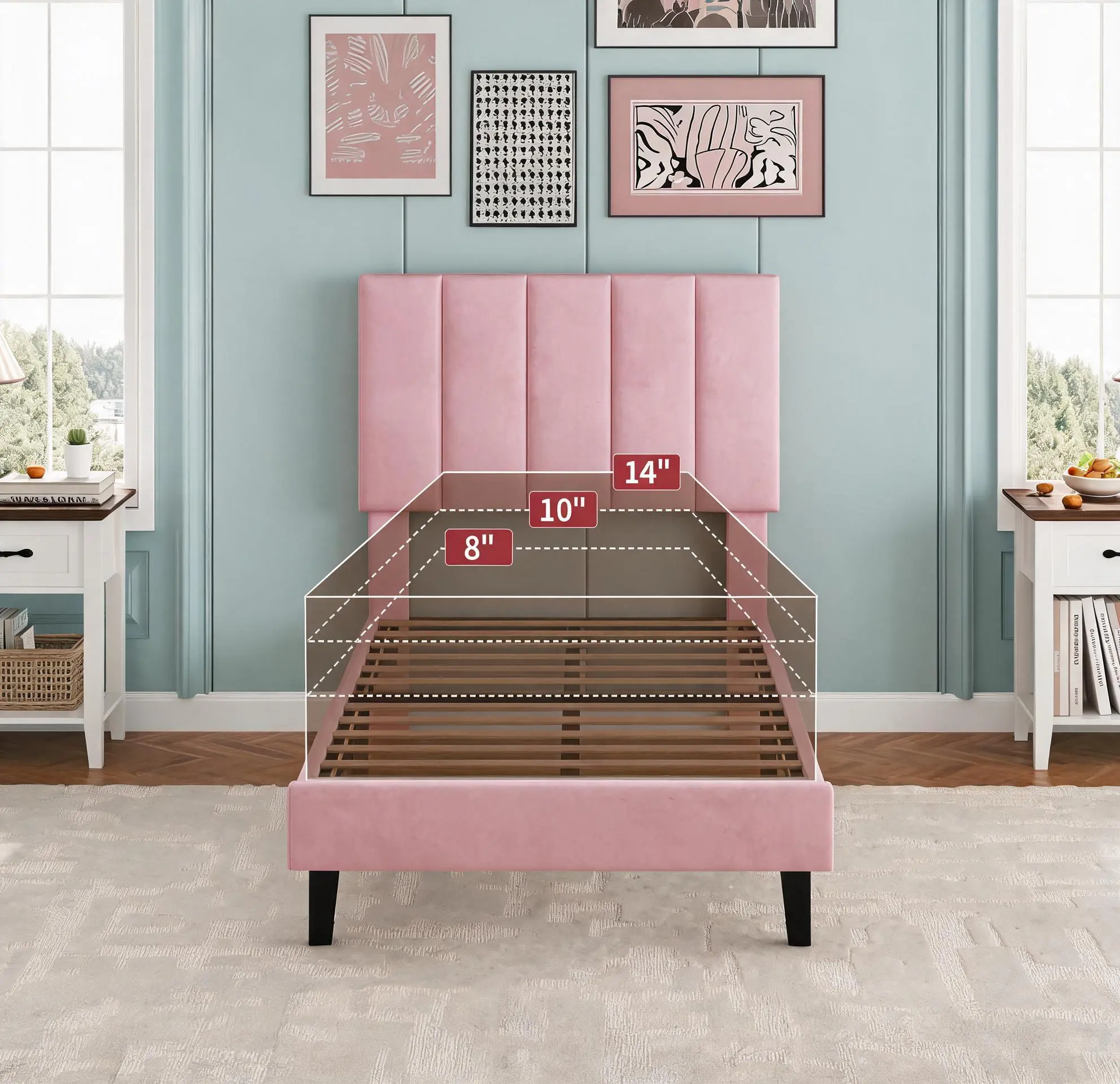 Twin Size Bed Frame, Velvet Upholstered Platform Bed with Adjustable Tufted Headboard, No Box Spring Needed