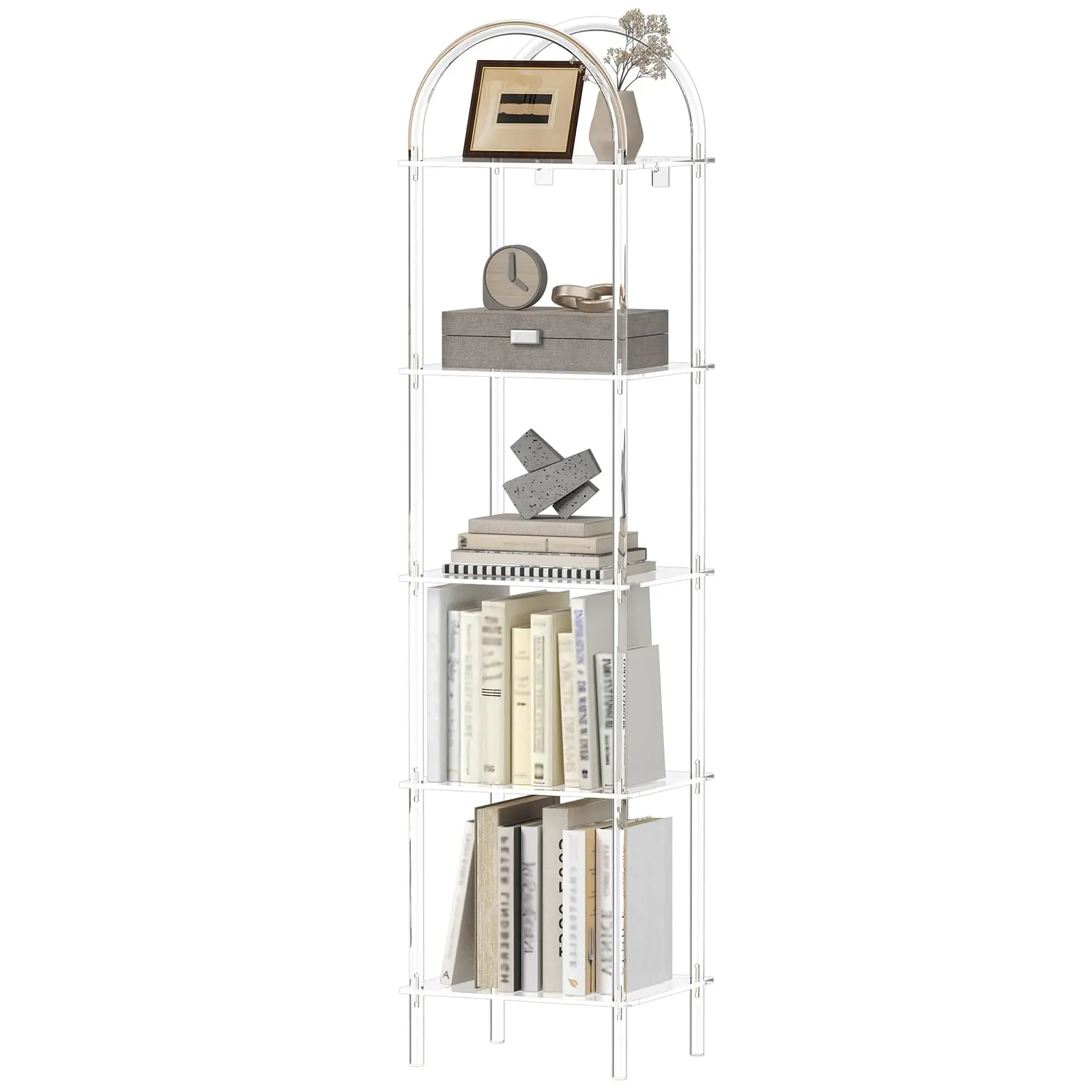 5-Tier Acrylic Arched Bookcase, Clear Narrow Bookshelf for Small Space, 13.8''W x 11.8''D x 57.1''H, Open Display Book Shelves for Home Office, Living Room, Bedroom, Modern