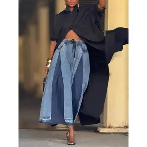 High-Waisted Wide-Leg Colorblock Denim Pants w/ Drawstring & Frayed Hem | Casual Street Style