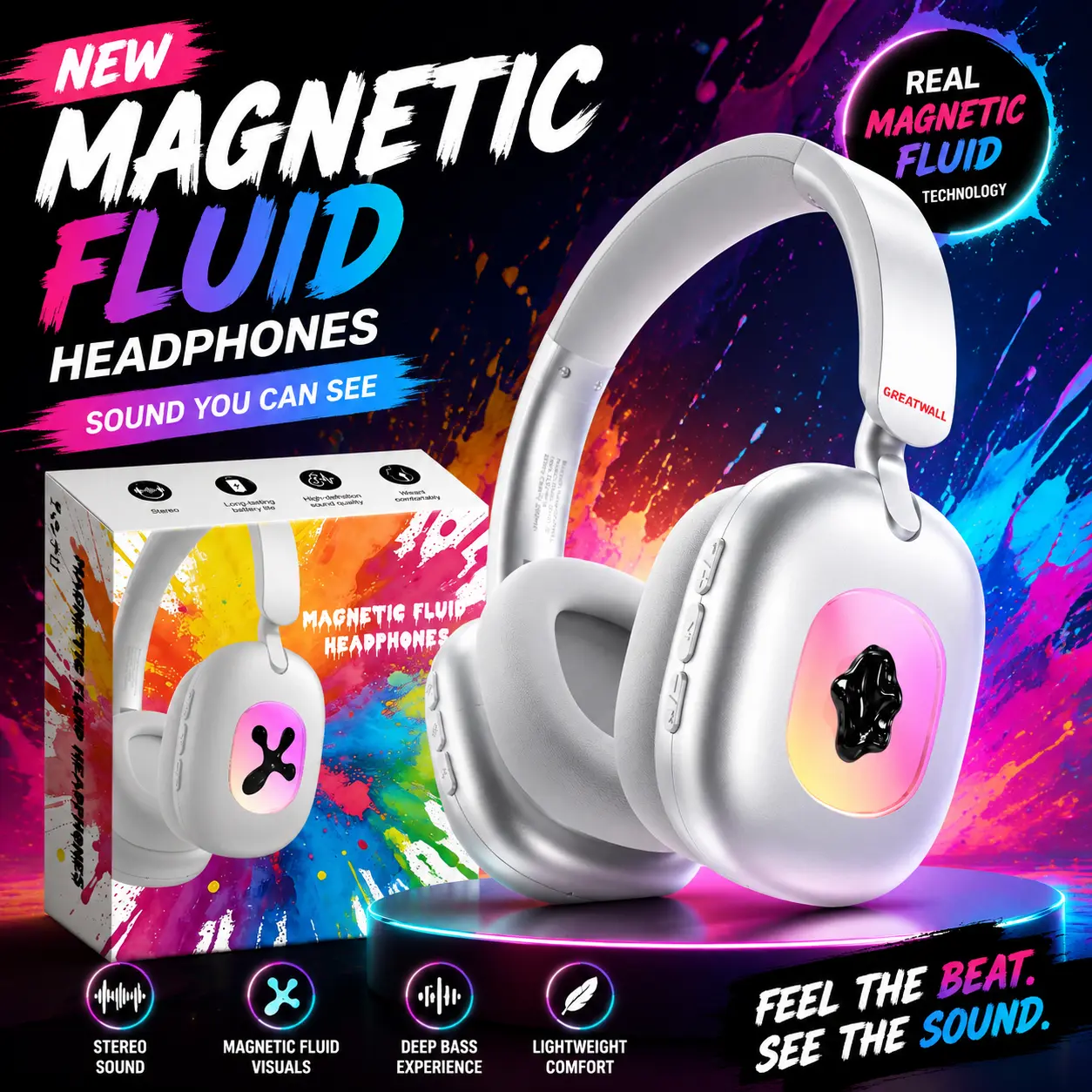 Ferrofluid Headphones Wireless Bluetooth Over Ear, Magnetic Fluid RGB Visual Sound Reactive Headset Ferrofluid Headphones Wireless Bluetooth Over Ear, Magnetic Fluid RGB Visual Sound Reactive Headset