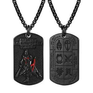 Men's Knights Templar Necklace:  Armor of God Dog Tag Stainless Steel Necklaces with Ephesians 6:13-17 Scripture Red Cross Design Christian Jewelry