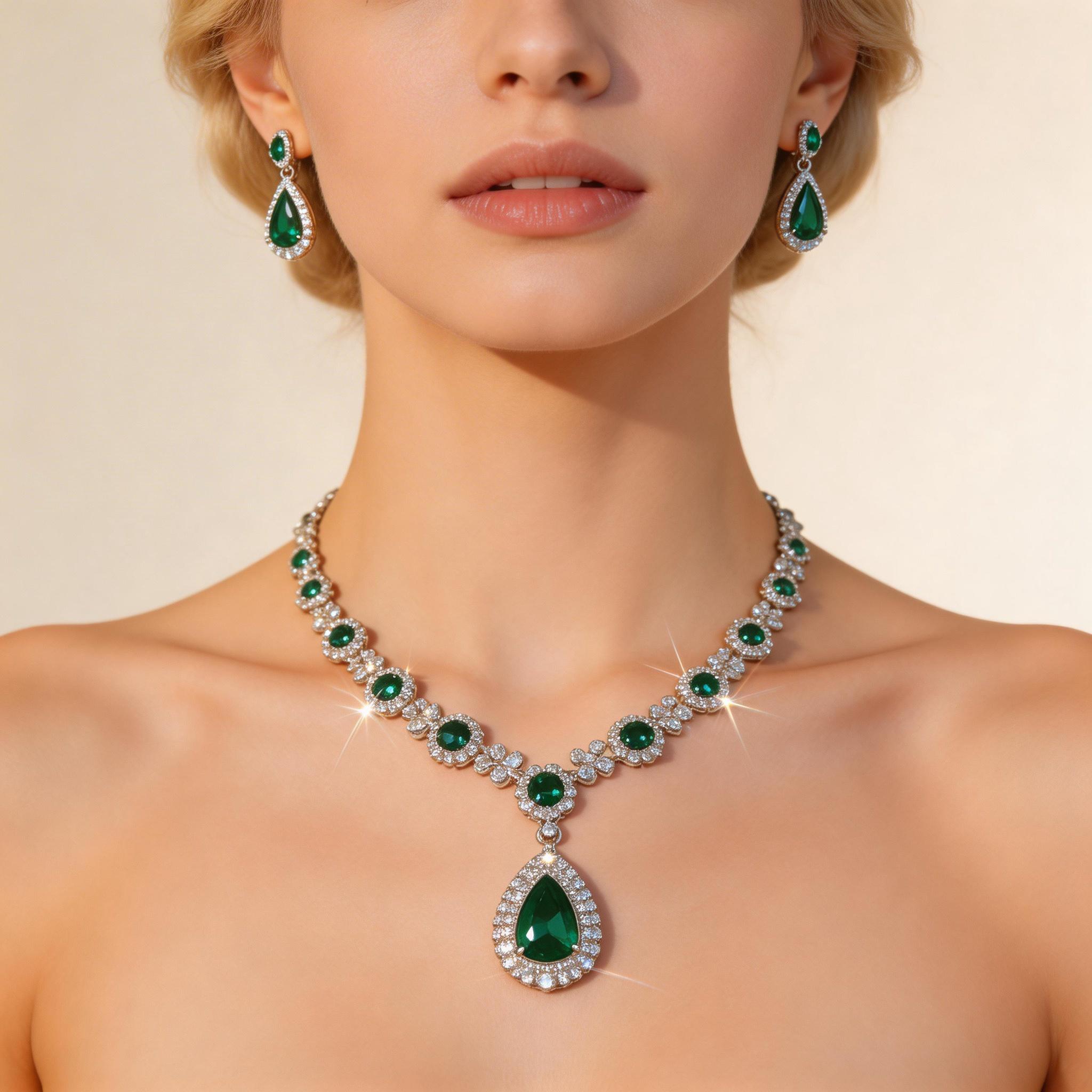 Dainty Hypoallergenic Emerald Jewelry Set, CZ Embellished, Perfect for Wedding/Gala, a Thoughtful Gift Hypoallergenic Elegant Emerald Jewelry Set, 2-in-1 Wear, a Loving Gift for the Classy Woman