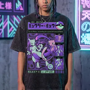 Men's Heavy Mineral Wash Cyber Psychic Clone Graphic Tee, Retro Japanese Arcade Style Shirt, Faded Black Gaming Tops classic streetwear casual short sleeve crew neck top day